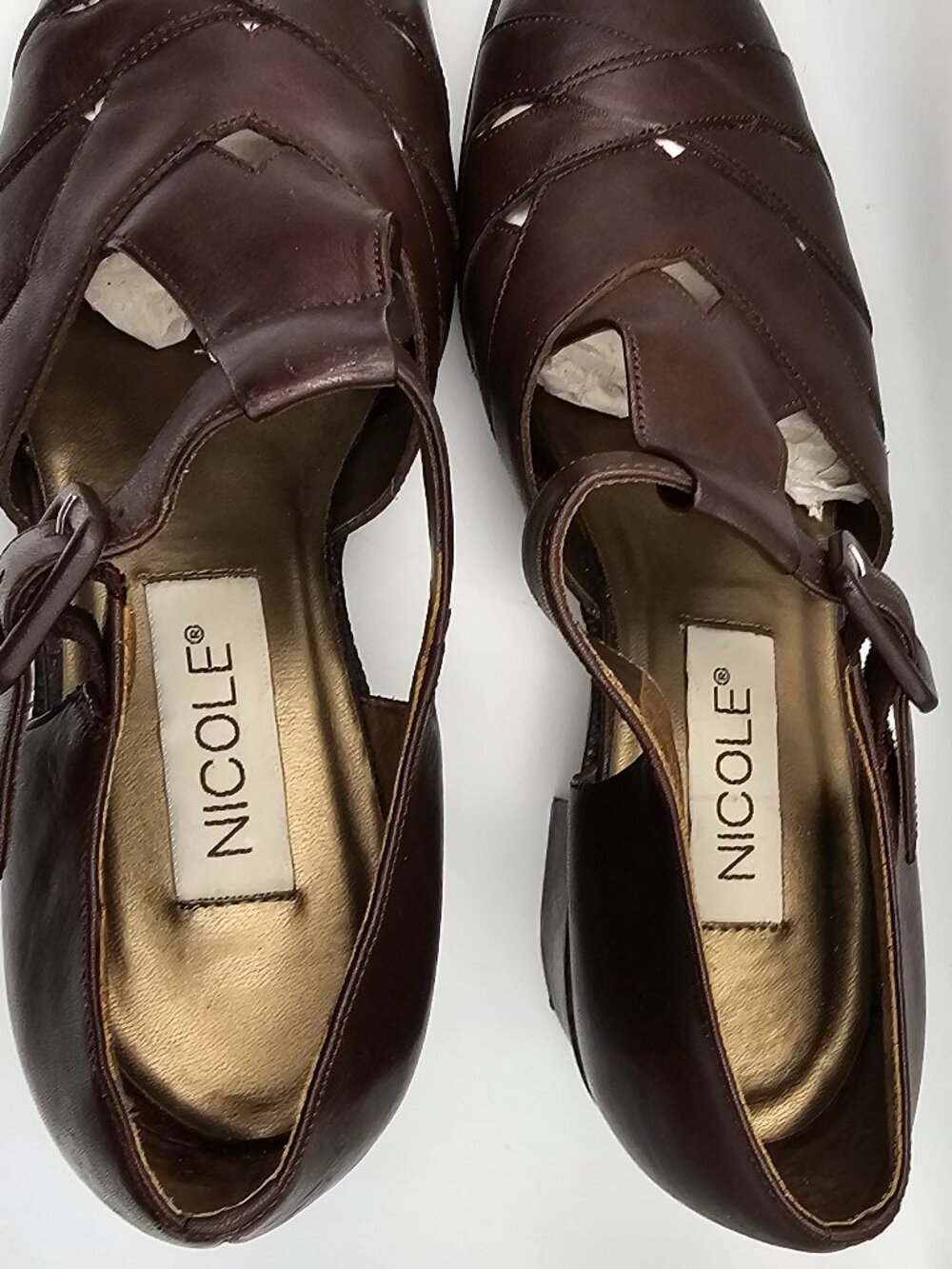 Nicole “Jillian” Dark Brown Leather T‑Strap Woven Pumps – Size 8M, Vintage - Picture 7 of 8